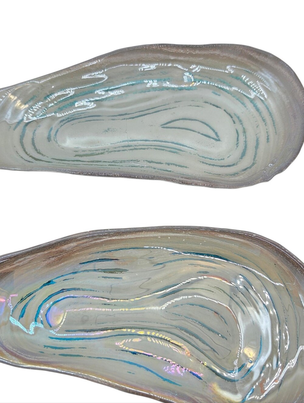 Set of 2 Iridescent Swirl Textured Glass Abstract Serving Trays Silver Blue Pier